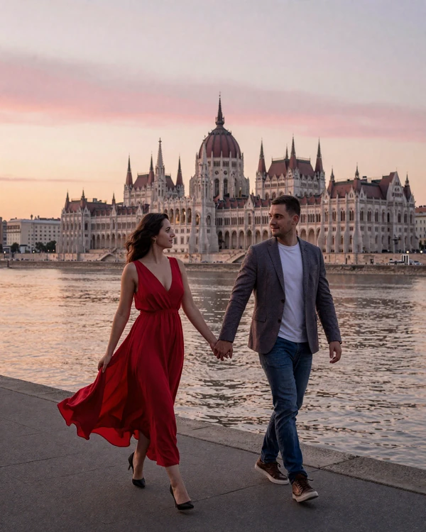 Romantic couple walking along Danube riverbank in Budapest at sunset with Parliament building in background