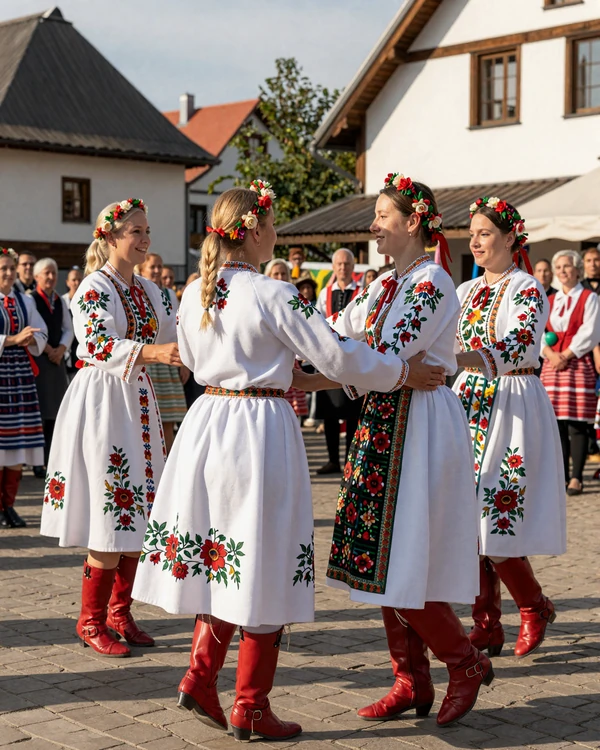 Traditional Hungarian folk dancers in colorful embroidered costumes performing at a village celebration
