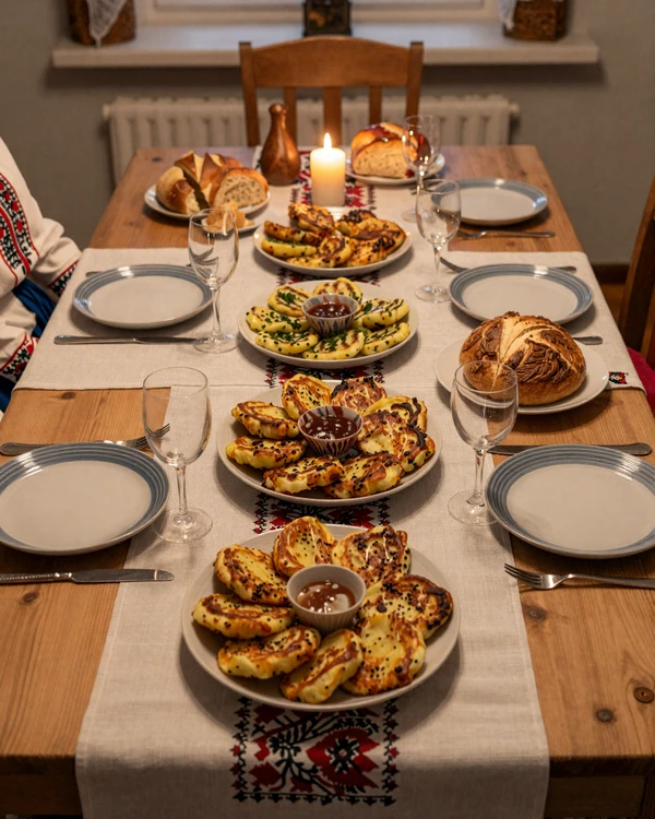 Traditional Belarusian family dinner setting with homemade dishes and hospitality