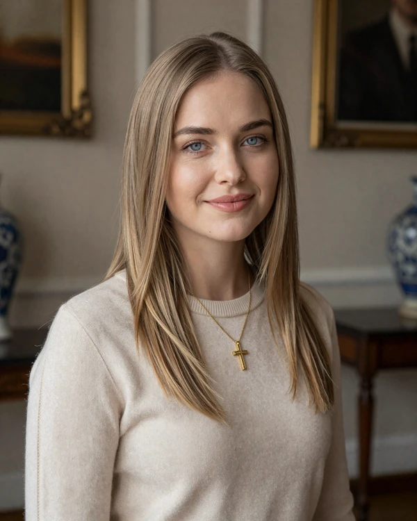 Magdalena, a beautiful Polish woman with ash blonde hair wearing elegant attire and gold cross necklace