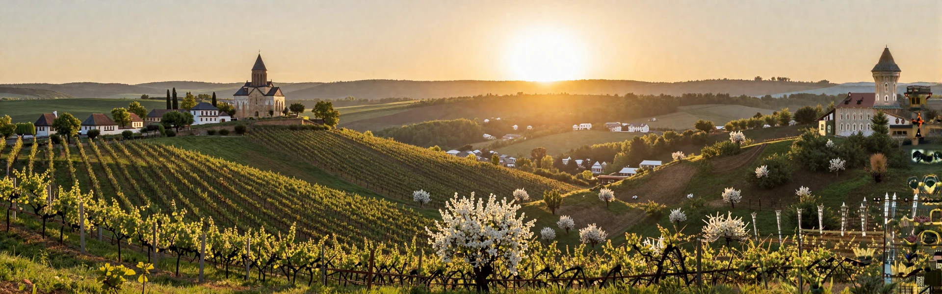 Romantic Moldovan vineyard landscape with rolling hills and traditional countryside at golden hour sunset