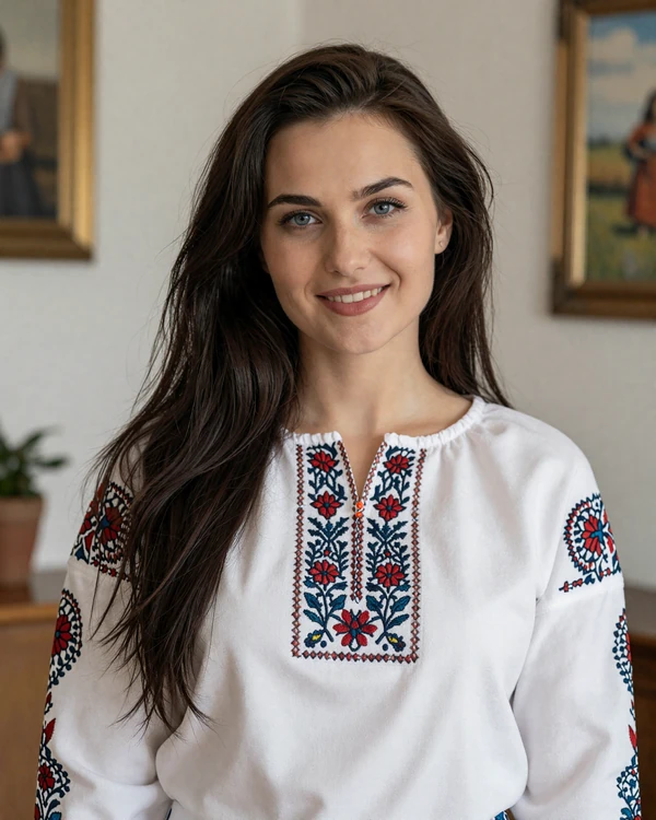 Daryna, a beautiful Ukrainian woman in traditional embroidered vyshyvanka blouse with warm smile