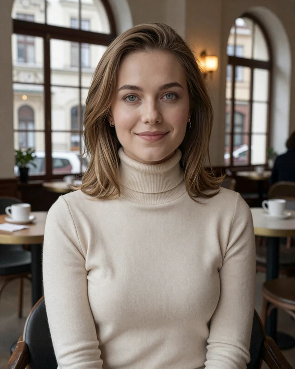 Petra, a sophisticated Czech woman with light brown hair and confident smile in a Prague cafe