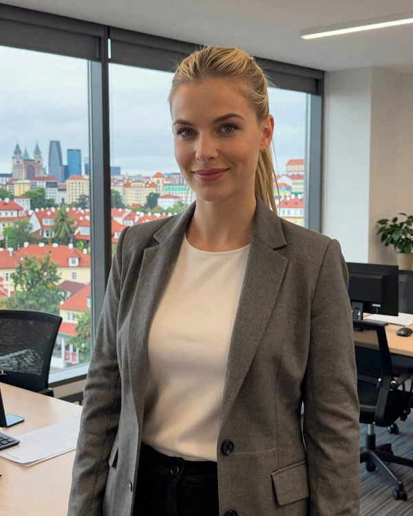 Helena, a confident Czech professional woman in modern office with Prague skyline view