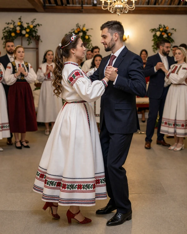 Traditional Romanian wedding celebration with couple dancing hora surrounded by guests