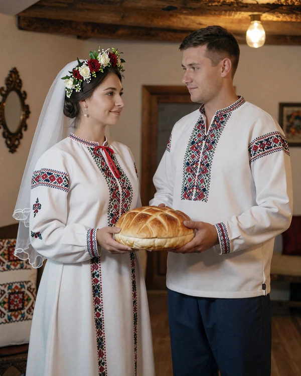 Traditional Ukrainian wedding couple with embroidered attire and ceremonial bread