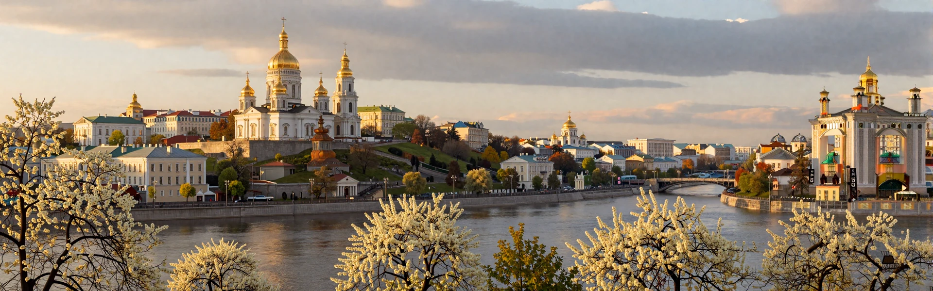 Romantic view of Kyiv Ukraine with golden domed churches and blooming chestnut trees at sunset