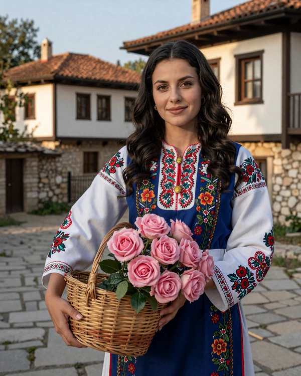 Rositsa wearing traditional Bulgarian folk costume with colorful embroidery holding roses in historic village setting