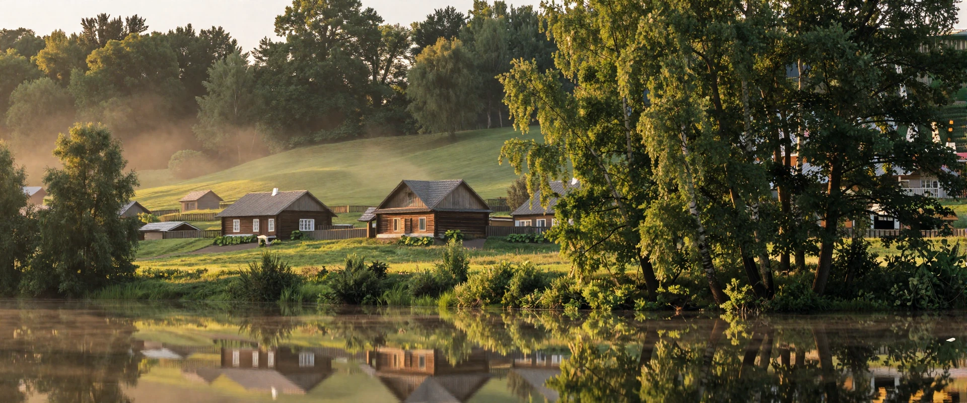 Beautiful Belarusian countryside landscape with traditional architecture and forests