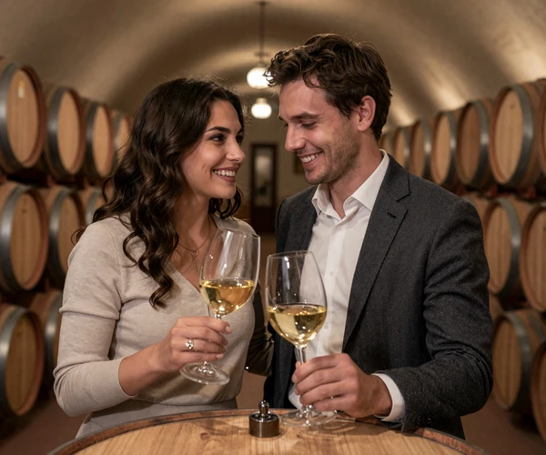 Happy international couple enjoying wine tasting at a Moldovan winery cellar
