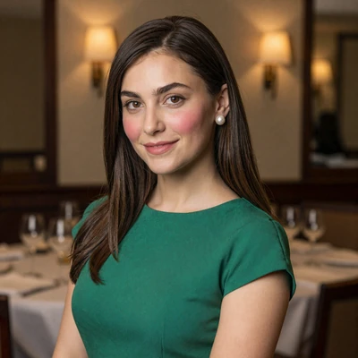 Zsofia from Budapest Hungary, 27-year-old marketing manager with dark brown hair and hazel eyes in elegant green dress
