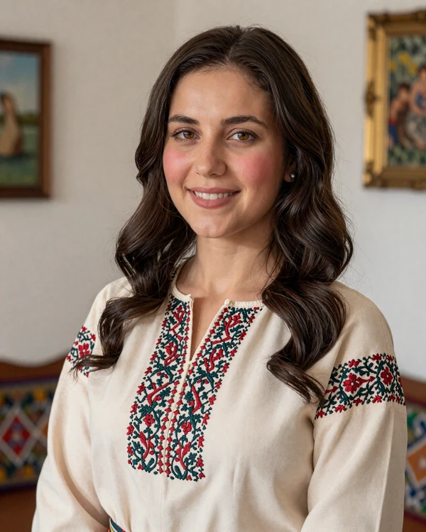 Nicoleta, a beautiful Moldovan woman in traditional embroidered blouse with warm genuine smile
