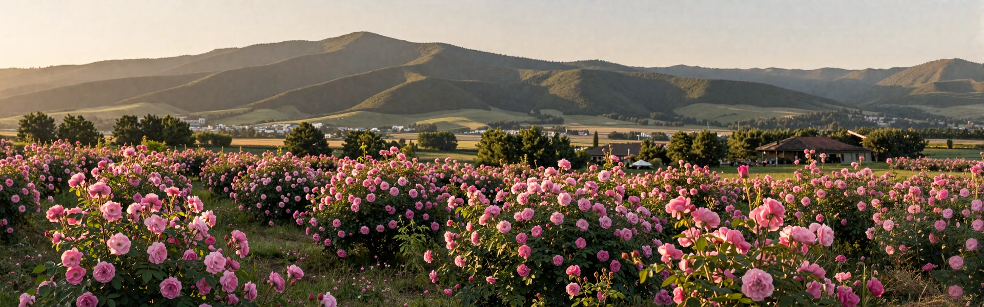Romantic view of Bulgarian Rose Valley near Kazanlak with blooming pink roses and Balkan mountains at sunrise