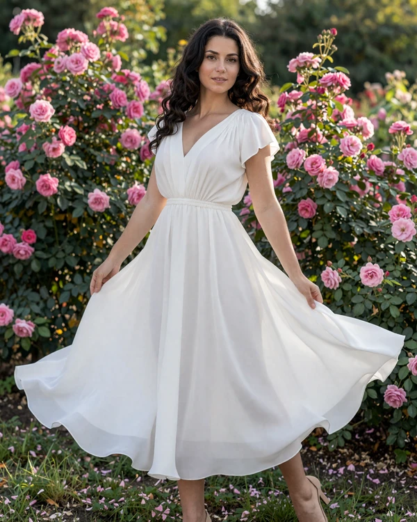 Nevena, an elegant Bulgarian woman with olive skin in white summer dress standing in Bulgarian rose garden