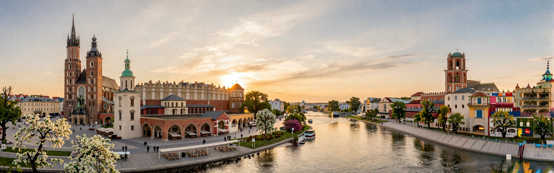 Romantic view of Krakow Poland with Wawel Castle and historic Main Market Square at sunset