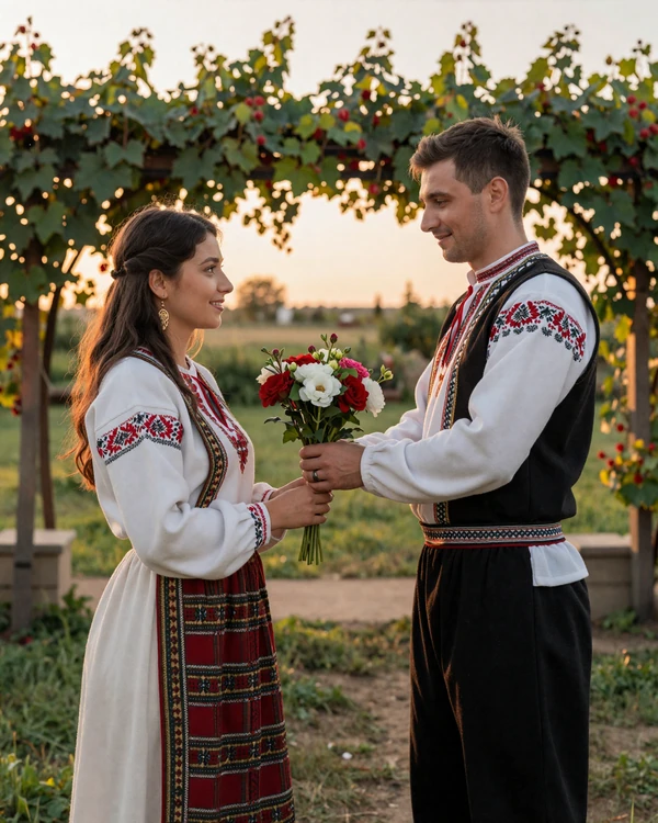 Romantic courtship scene with Moldovan couple in traditional setting with grape vines at sunset
