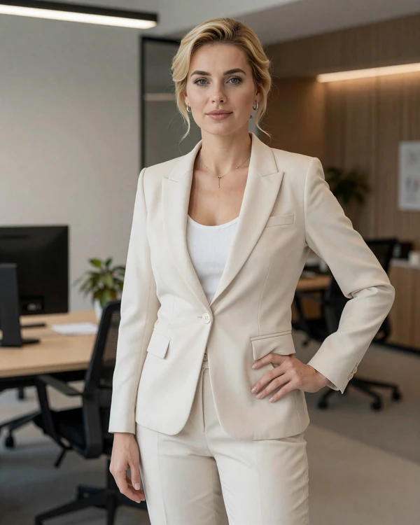 Professional Slavic woman in modern business environment demonstrating confidence and elegance