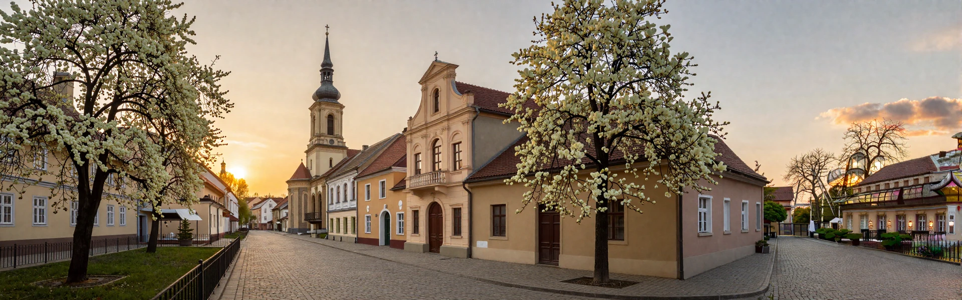 Romantic view of Bucharest Romania with historic Old Town architecture and blooming trees at sunset