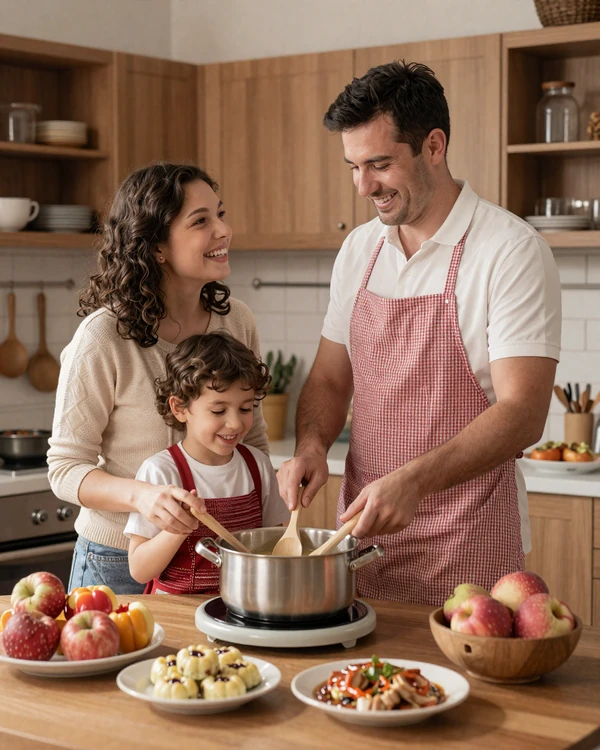 Happy family cooking together in warm Romanian home kitchen
