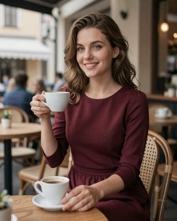 Elegant Slavic woman enjoying coffee at a charming European cafe with warm atmosphere