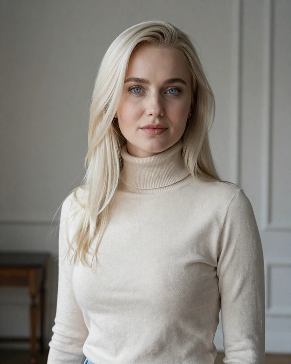 Anastasia, an elegant Russian woman with platinum blonde hair and sophisticated style in cream cashmere