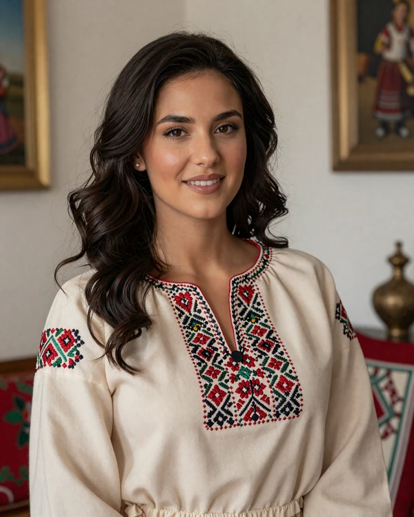 Elena, a beautiful Romanian woman in traditional embroidered ie blouse with passionate warm smile
