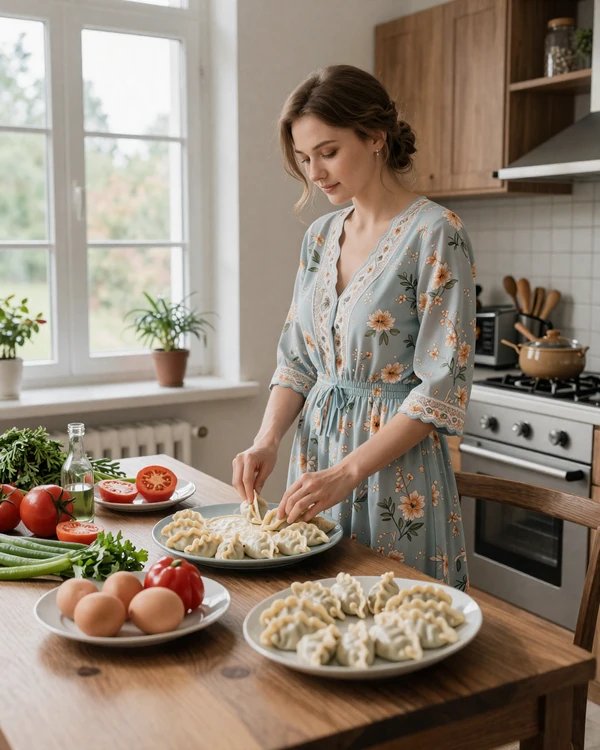 Young Russian mother cooking traditional meal in modern kitchen with homemade food on table