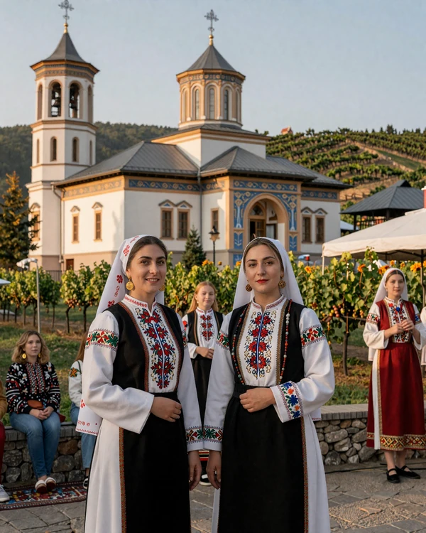 Traditional Moldovan cultural scene with architecture, Orthodox monastery, and women in folk costumes