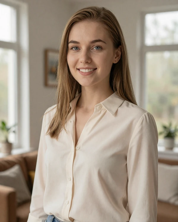 Elegant Belarusian woman with warm smile in home setting representing traditional values