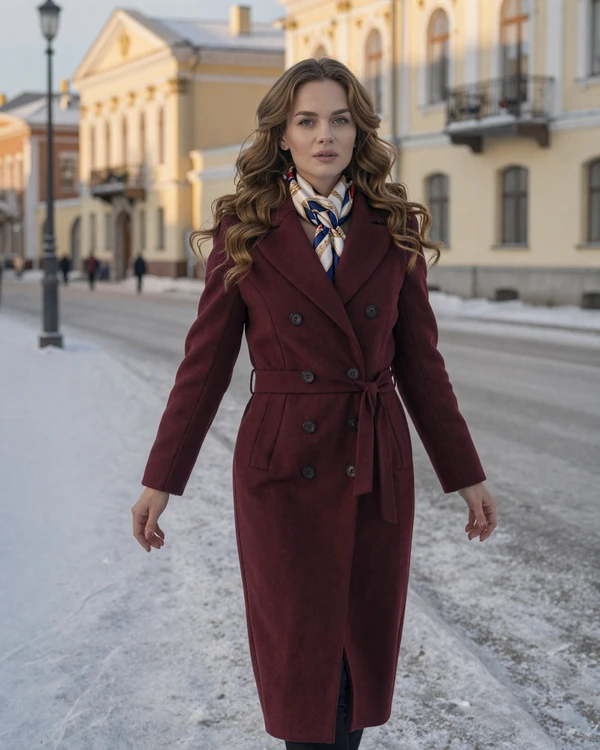Elizaveta, elegant Russian woman in stylish burgundy coat walking on snowy Moscow street