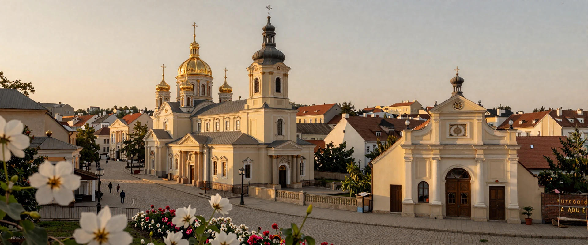 Romantic Eastern European cityscape with historic architecture at sunset