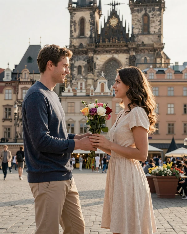 Romantic couple on a date in European city with man presenting flowers to Slavic woman
