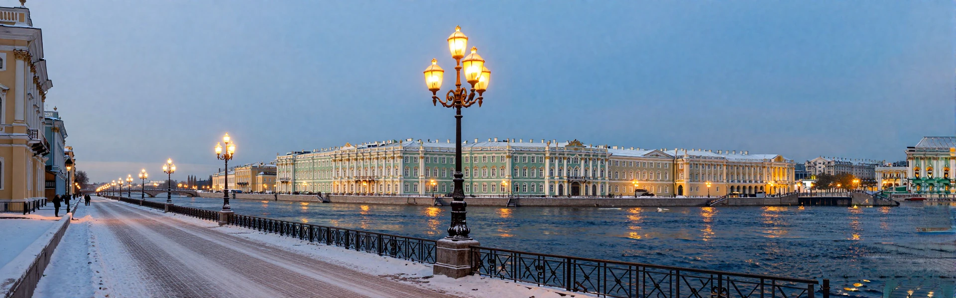 Romantic winter view of Saint Petersburg Russia with historic palace and snow-covered streets at twilight