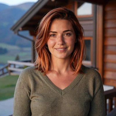 Raluca from Brașov Romania, 32-year-old interior designer with auburn hair and natural smile