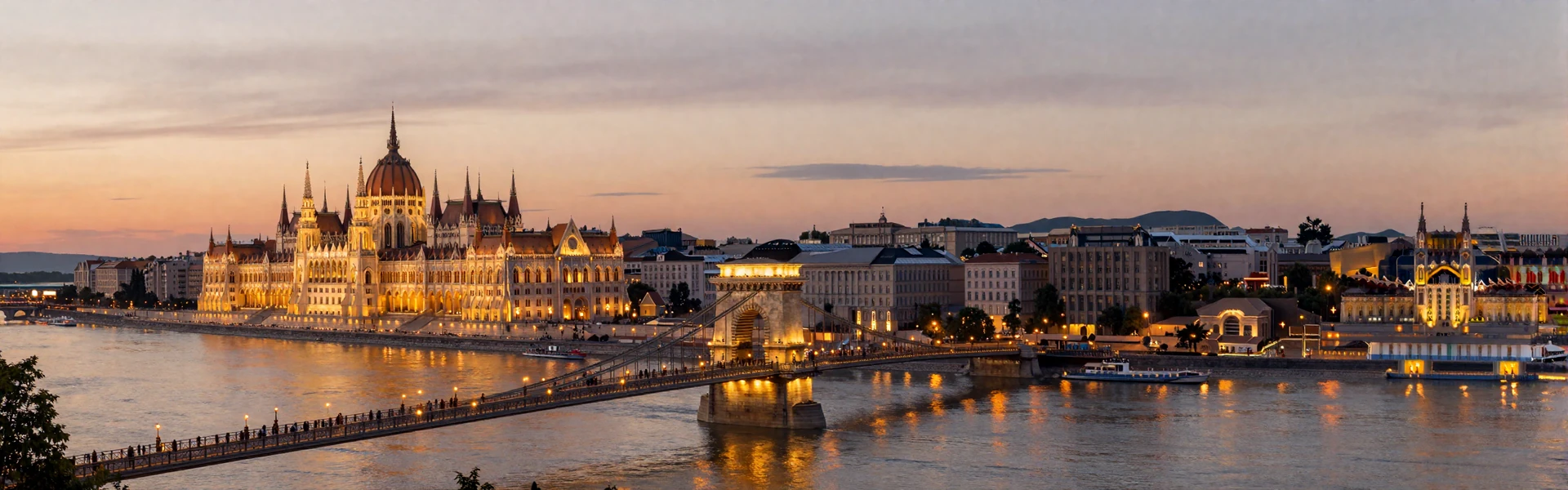 Romantic view of Budapest Hungary with Parliament building and Chain Bridge illuminated at sunset along the Danube river